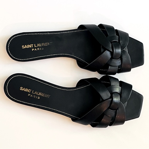 YSL Saint Laurent Tribute Leather Slides Sandals Black size 38.5 - Picture 2 of 10